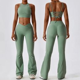 Naakt Gevoel Uitlopende Broek Yoga Pak Workout Set Vrouwen Sneldrogende Sportbeha Hardloopkleding Gym Fitness Pakken Vrouwelijke 240307