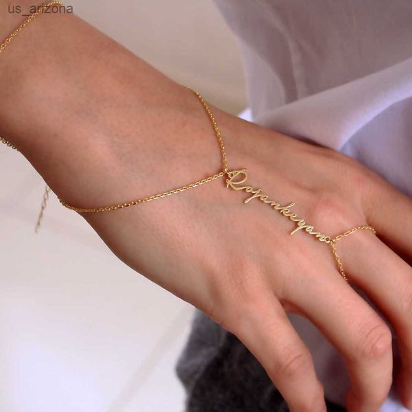 Pulsera de nombre para mujer, joyería de acero inoxidable chapada en oro personalizada, cadena de mano con alfabeto personalizada, cadena de anillo impermeable L230620