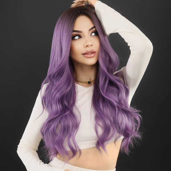 NAMM Long Wavy Purple Hair Wig For Women Cosplay Cosplay Daily Party Synthetic Wig with Bangs Natural Lavender Lolita Wig résistant à la chaleur