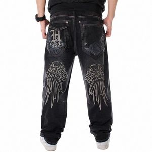 Nanaco homme ample Baggy Jeans Hiphop Skateboard broderie Denim pantalons pantalons hommes noir pantalon chinois taille 30-46 B9B6 #