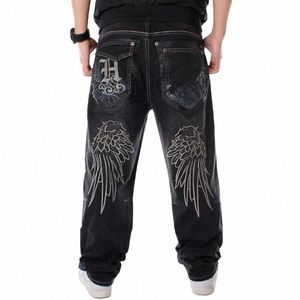 Nanaco Homme Lâche Baggy Jeans Hiphop Skateboard Broderie Denim Pantalons Pantalons Noirs Pantalons Chinois Taille 30-46 n8MI #