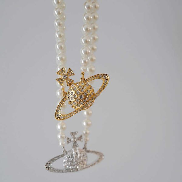 Nanaspace Mismo oro y plata Dos colores Diamante completo Saturno Collar de hebilla de perla de una sola capa Emperatriz viuda occidental