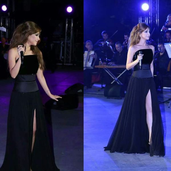 Nancy Ajram Noir A-Line Prom Party Robes Paillettes Sans Bretelles Élégant Fente Mousseline De Soie Longueur De Plancher Tapis Rouge Robes De Célébrité Top Velvet