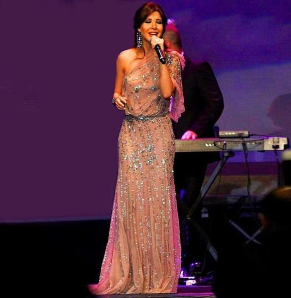 Nancy Ajram Vestidos de celebridades 2016 Vestido de noche de un hombro de sirena de lujo Hasta el suelo Vestidos de noche de fiesta con cuentas brillantes Jenn3866475