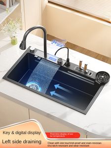 Nano Kitchen Sink 304 Stainless Steel Waterfall Sink Digital Display Large Single Bow With Multifunction Touch Waterfall Fauce