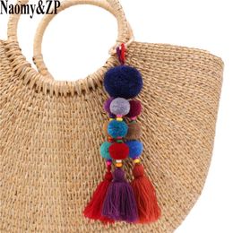 NaomyZP Style bohème perles de bois porte-clés pompon porte-clés sac suspendu gland pendentif porte-clés décoration bijoux 2020212H