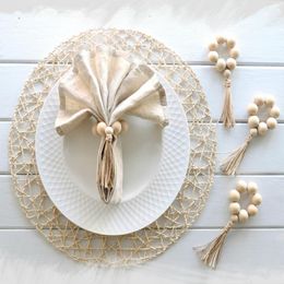 Anneaux de serviette 4pcs à la main porte-perle en bois naturel dîner décoration de la maison pour la fête de mariage El Decor Table1