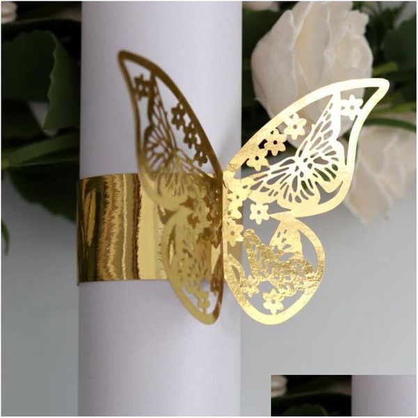 Anillos de servilleta 50 Unids Anillo de mariposa Corte por láser Soporte de papel Toalla El Cumpleaños Boda Fiesta de Navidad Decoración de mesa Entrega de gota Ho Dhrcw