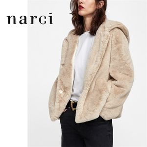 Narci Femmes Fausse Fourrure Veste Avec Capuche Bouton À Manches Longues Manteau Moelleux Pour Printemps Hiver Artificielle En Peluche Fourrure Manteau Pour Femme 201029