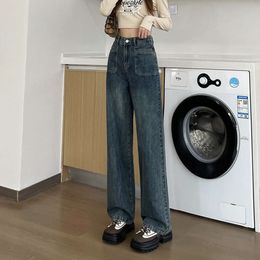 Version étroite Jeans à jambes larges pour les femmes au printemps et à l'automne 2024 Nouveau ajustement en vrac haute taille et pantalon à jambe droite traînant