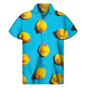 Narz heren casual shirts schattige gele rubberen eend grafisch shirt heren 3d print hawaiian shirts zomer knop korte mouw tops losse revers aloha blouse 240424
