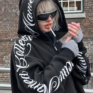 NASANGU Y2K Goth Grunge letra impresa con cremallera sudaderas con capucha mujeres High Street Harajuku Retro Hip Hop sudadera suelta desgaste 240219