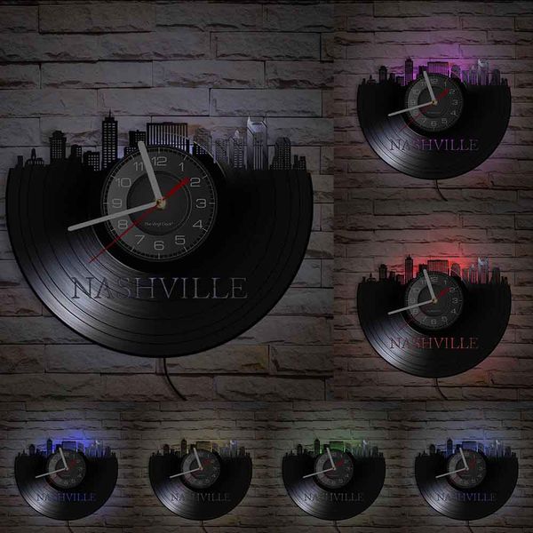 Nashville Cityscape Gramophone Record Wall Clock Music City Tennessee City Skyline Landscape Vinyl CD Disc Wall Watch Modern Art moderne