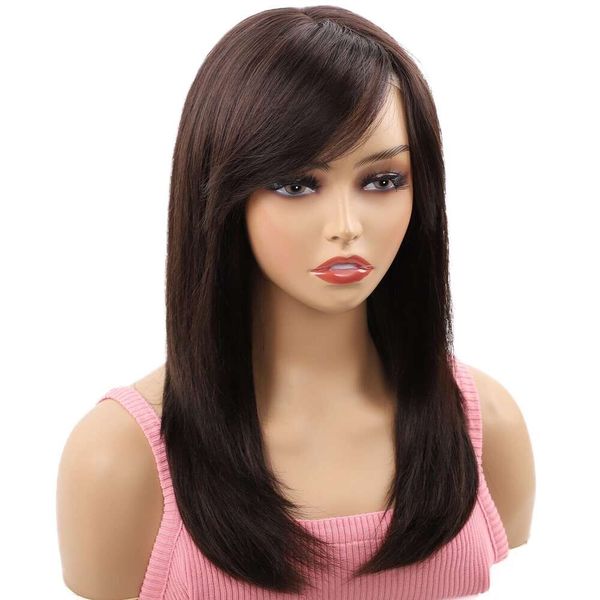 NATAGHAIR Perruque humaine longue brune avec frange – 100 % vierge Remy bouclée pour femmes noires et blanches, perruque de remplacement de cheveux d'aspect naturel