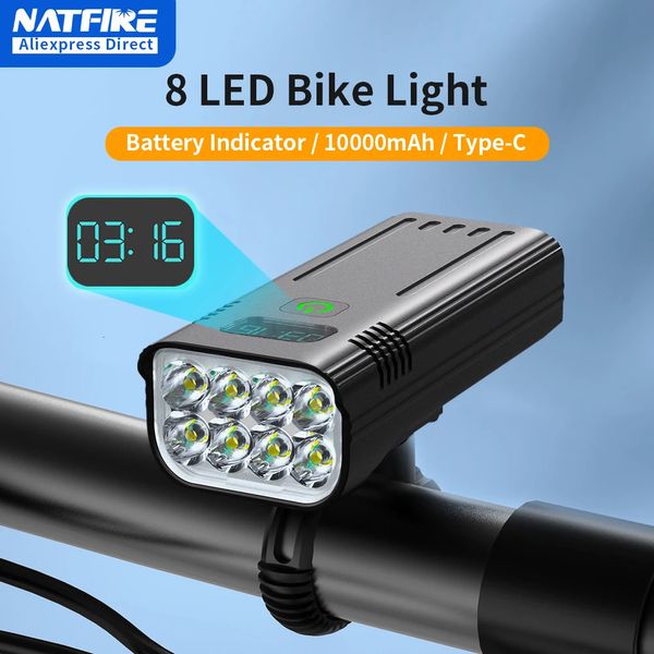 Natfire 10000mAh Bicycle Light avec indicateur de batterie numérique Indicateur de vélo rechargeable USB Set 8 lampe de poche LED 240407