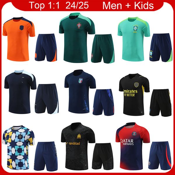 French PSGES MAN Pre-Match Jersey 2024 Marseille Algeria Pays-Bas Portugal Brésil Kits de football pour enfants 24 25 Italys Arsen Saka Argentine City Training Shirt Kit