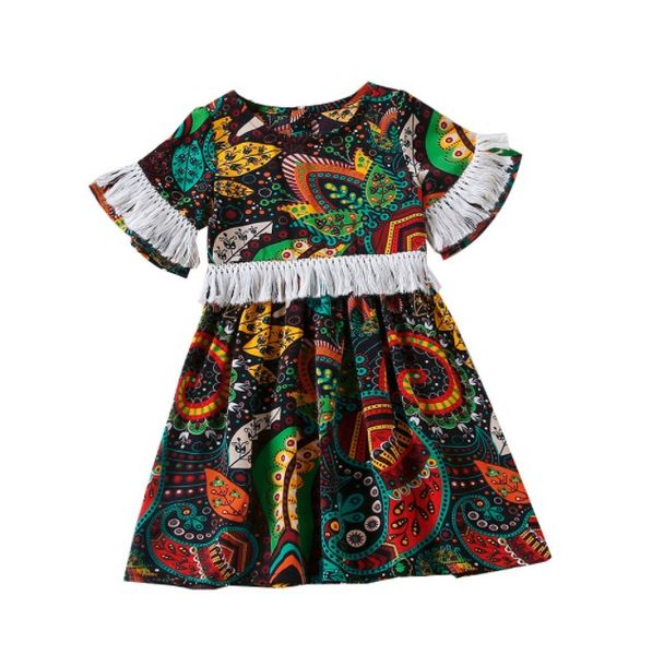 Robe bébé fille à manches courtes romantique nationale avec glands vêtements d'été pour enfants