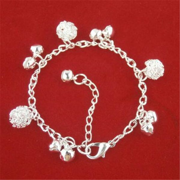 Estilo nacional 925 pulsera de cadena chapada en plata esterlina brazaletes para el tobillo joyería de moda Bola de plata dijes de campana pulsera regalos de Navidad