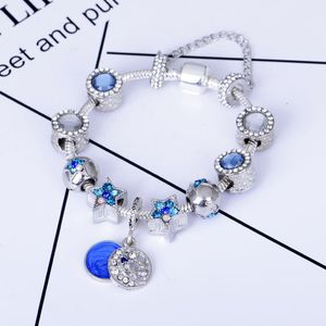 National Style Strands Blue Starry Alloy Beaded Bracelet European and American Star Pan Family Charm Armbanden