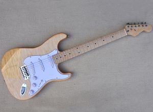 Guitarra eléctrica de color madera natural con chapa de arce acolchada, diapasón de arce, pastillas SSS personalizables
