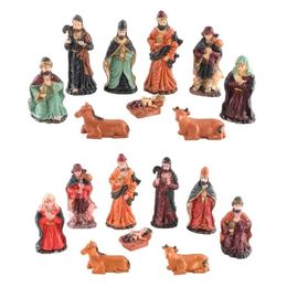 Bijningsstandbeeld Scene Set Holy Manger Christmas Crib Figurines Miniatures ornament Church Gift Home Decorations 231222