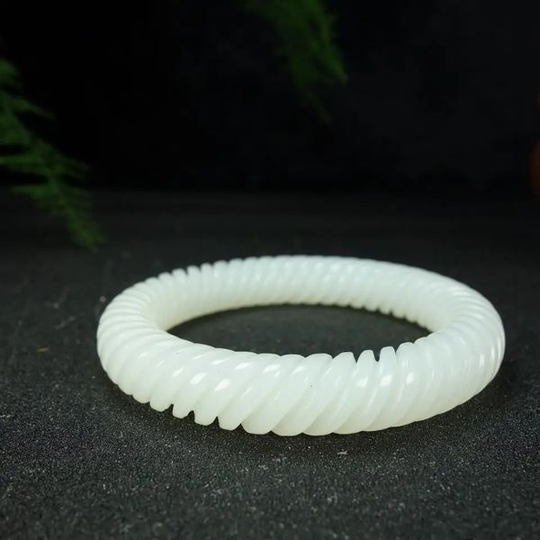Bracelet en jade blanc naturel 100 véritable, barre ronde, fil gravé en jadéite, pour femmes, bracelets cadeaux de tempérament, 240315