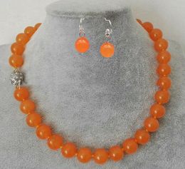 Natural 10 mm Orange Jade Round Gemstone Perles Collier Oreillet Set Aaa 18 "AAA