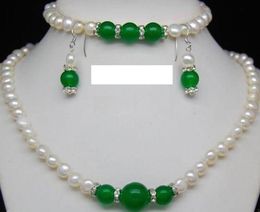 Natural-7-8mm-White-Pearl-amp-Green-Jade-Gems-Necklace-Bracelet-Earring-Set-18-034-7-5 Natural-7-8mm-White-Pearl-AMP-Green-Ge-GE