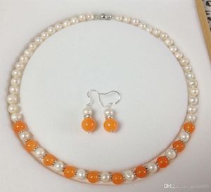 Natuurlijke 7-8mm White Pearl / Tibet Silver / Orange Jade Necklace Oorbellen Set