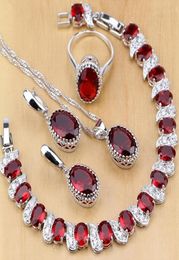 Natuurlijk 925 Sterling Silver Jewelry Red Birthstone Charm Sieraden Sets Women Earrings SpendantNecklacering Bracelets T055 J1907071261043