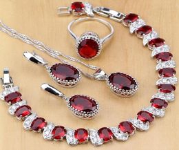 Natuurlijk 925 Sterling zilveren sieraden Rode geboortesteen charme sieraden sets vrouwen oorbellenspendantnecklacering brakbanden T055 J1907078633071