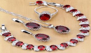 Natuurlijk 925 Sterling Silver Jewelry Red Birthstone Charm Sieraden Sets Women oorbrentenspendernecklaceringbraklets T055 J1907077298387