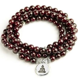 Natural A Garnet 108 Perles Bracelet Mala 6 mm Femmes Stone Men Meditation Lotus Om Charm Bracelets Yoga Drop 240528