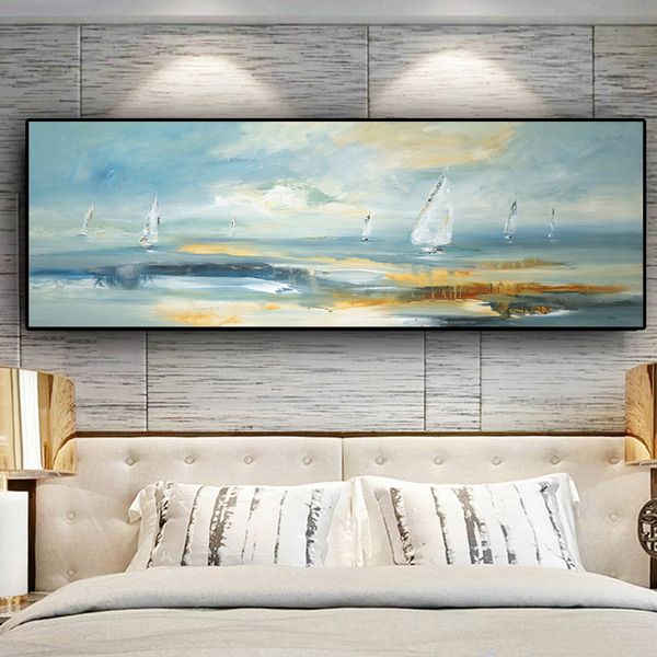 Peinture à l'huile sur toile de paysage de bateau abstrait naturel, affiches et imprimés Cuadros, tableau d'art mural scandinave pour salon