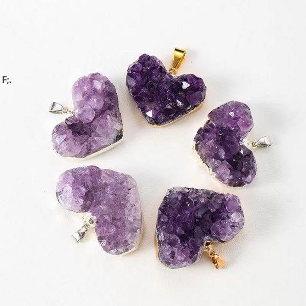 Amethyst Cluster Crystal Colgante de amor Regalo Chakra Healing Reiki Mineral Quartz Energy Collar de piedra áspera con cuero TT1216