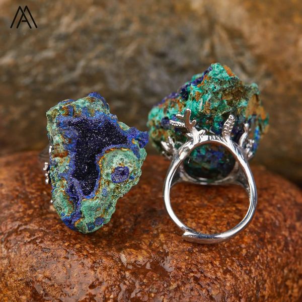 Anillos de dedo de geoda de malaquita de azurita natural para mujeres Piedra preciosa cruda Mineral Reiki Joyería curativa Regalos 240201