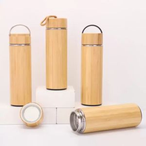 Natuurlijke bamboe roestvrijstalen voering thermosflessen vacu￼mkolven ge￯soleerd bamboe beker voor thee drinken