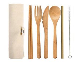 Couverts Voyage en bambou naturel Kit comprend couteau, fourchette, cuillère, paille et nettoyage Brosse pour Camping Bureau Déjeuner SN38