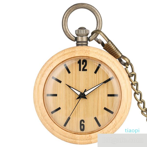 Montre de poche à quartz en bois de bambou naturel pour cadeau brun noir bois de santal en bois bronze couleur Fob chaîne montres horloge en bois en gros