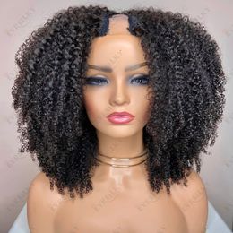 Peluca Afro rizada Natural negra, peluca de parte 1X4 V, pelucas de cabello humano prearrancadas sin pegamento en U para mujeres, cabello Remy de 200% de densidad
