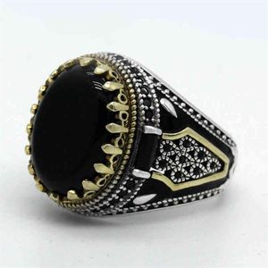 Natuurlijke Zwarte Agaat Steen voor Mannen 925 Sterling Zilveren Gouden Kroon Koning Mannelijke Ring Vintage Turkse Handgemaakte Sieraden Gift240o