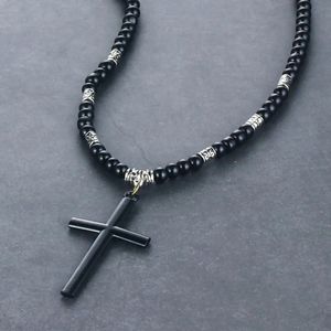 Natuurlijke zwarte kralen ketting kettingen Retro Cross hanger ketting voor vrouwen verklaring cloar heren religieuze sieraden mn222 240518