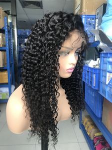 Pelucas de cabello de onda profunda negro natural Pelucas delanteras de encaje baratas Pelucas de encaje suave de fibra de alta temperatura para mujeres negras