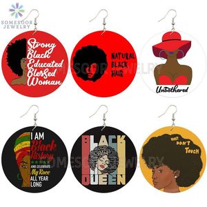 Pendientes de gota de madera africanos para mujer, pelo negro Natural, refranes Afro de Reina educada fuerte, colgantes para mujer, regalos 2484