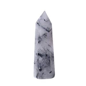 Natuurlijk zwart haarkristal Arts Pillar Quartz Point Obelisk Wand Healing Crystals inkt schilderij huisdecoratie ornamenten Iieiv