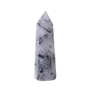 Natuurlijk zwart haarkristal Arts Pillar Quartz Point Obelisk Wand Healing Crystals inkt schilderij woondecoratie ornamenten Nxhpo