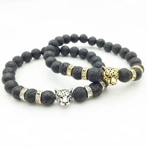 Perles de pierre de lave noire naturelle, argent, or, tête de léopard, Bracelet diffuseur d'huile essentielle, Bracelet de perles de roche volcanique