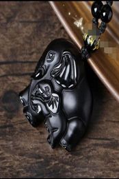 Natural Black Obsidian sculpté Elephant Lucky Pendant Beads Collier 8570373