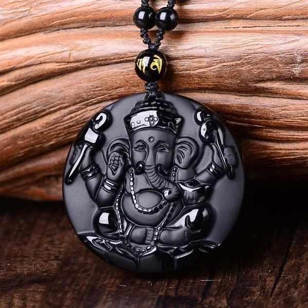 Collar con colgantes de la suerte de elefante Ganesh tallado en obsidiana negra Natural, amuleto de cristal de piedra fina a la moda para mujer y hombre, joyería 1272t