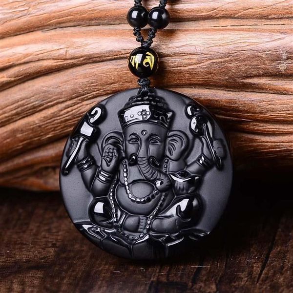 Collar con colgantes de la suerte de elefante Ganesh tallado en obsidiana negra Natural, amuleto de cristal de piedra fina a la moda para mujer y hombre, joyería 1282l